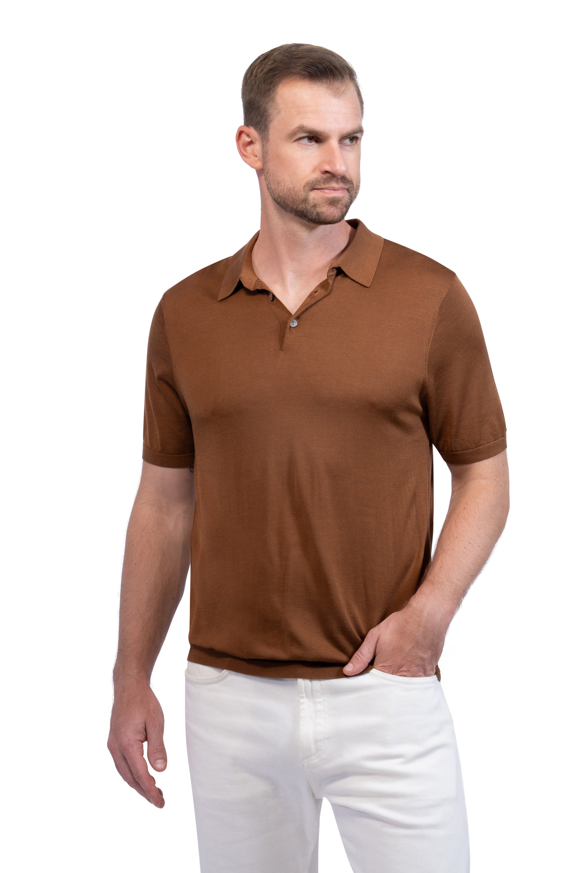 Brown Button Polo Cotton Silk