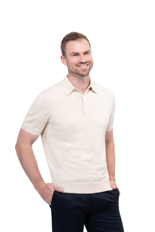 Beige Button Polo Cotton Silk