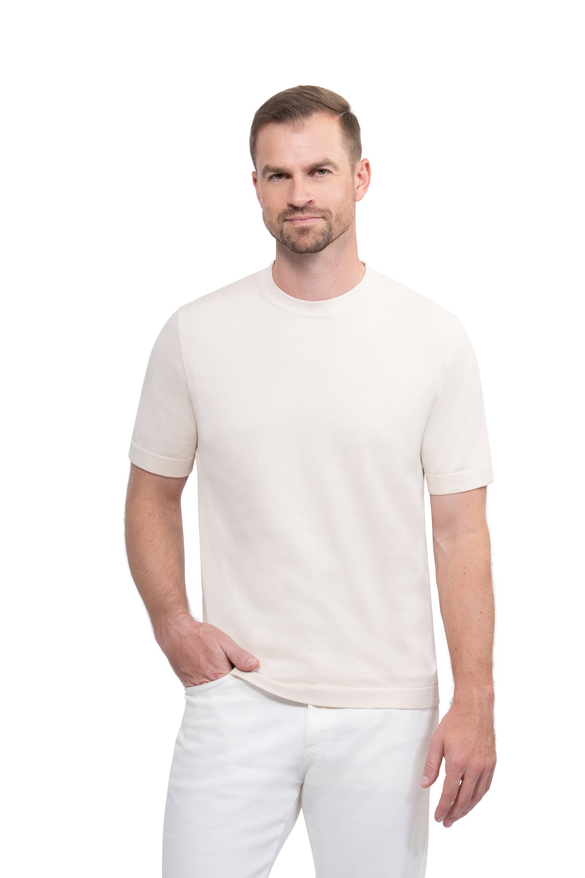 Beige Round Neck T shirt Cotton