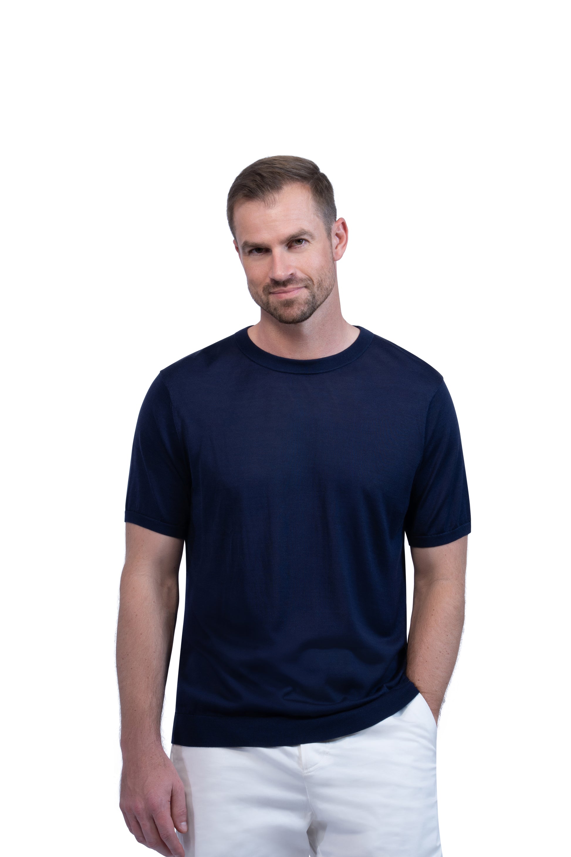 Navy Round Neck T shirt Silk