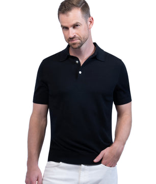 Black Button Polo Cotton Silk