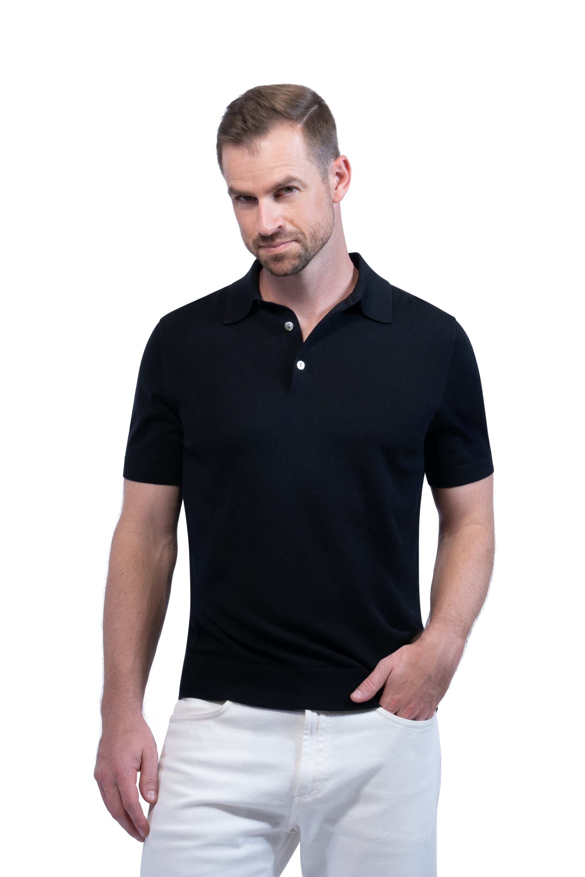 Black Button Polo Cotton Silk