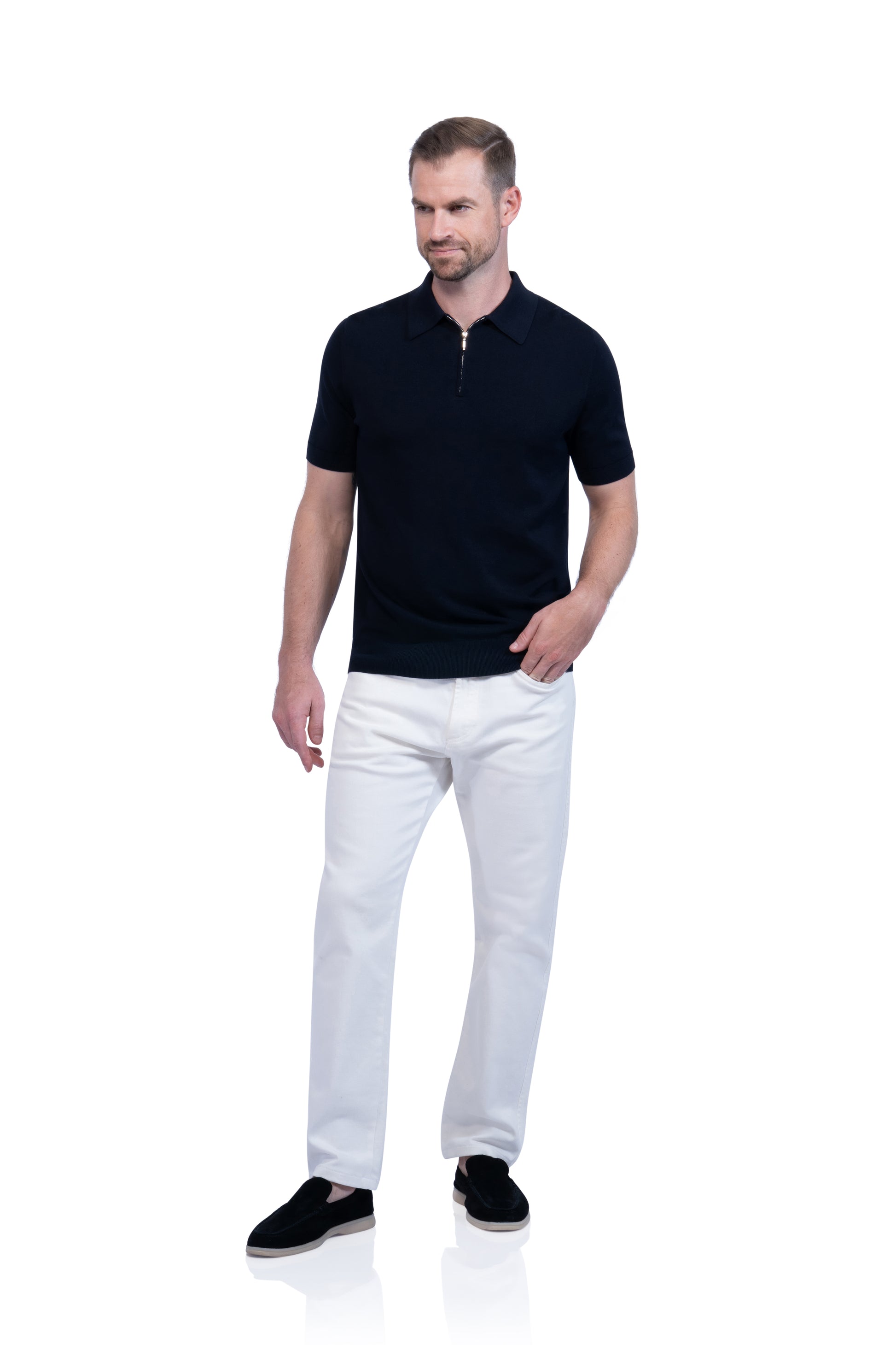 Navy Polo Zip Silk Cotton