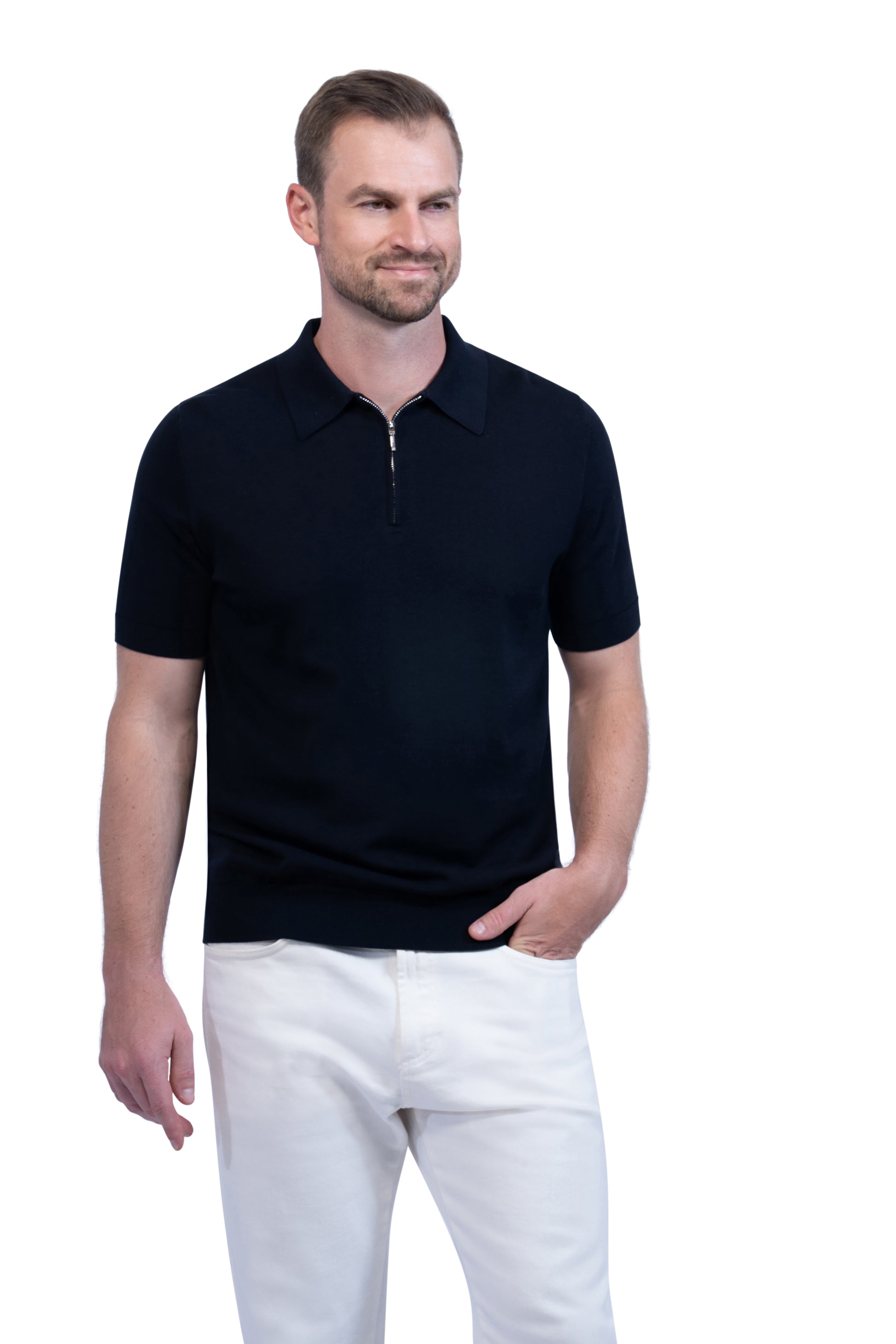Navy Polo Zip Silk Cotton