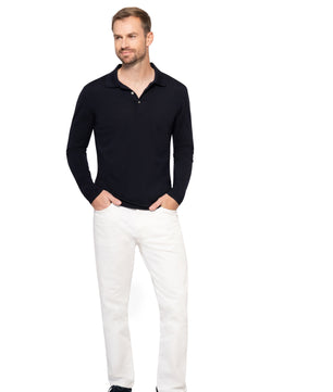 Navy Long Sleeve Polo Button Wool Cotton