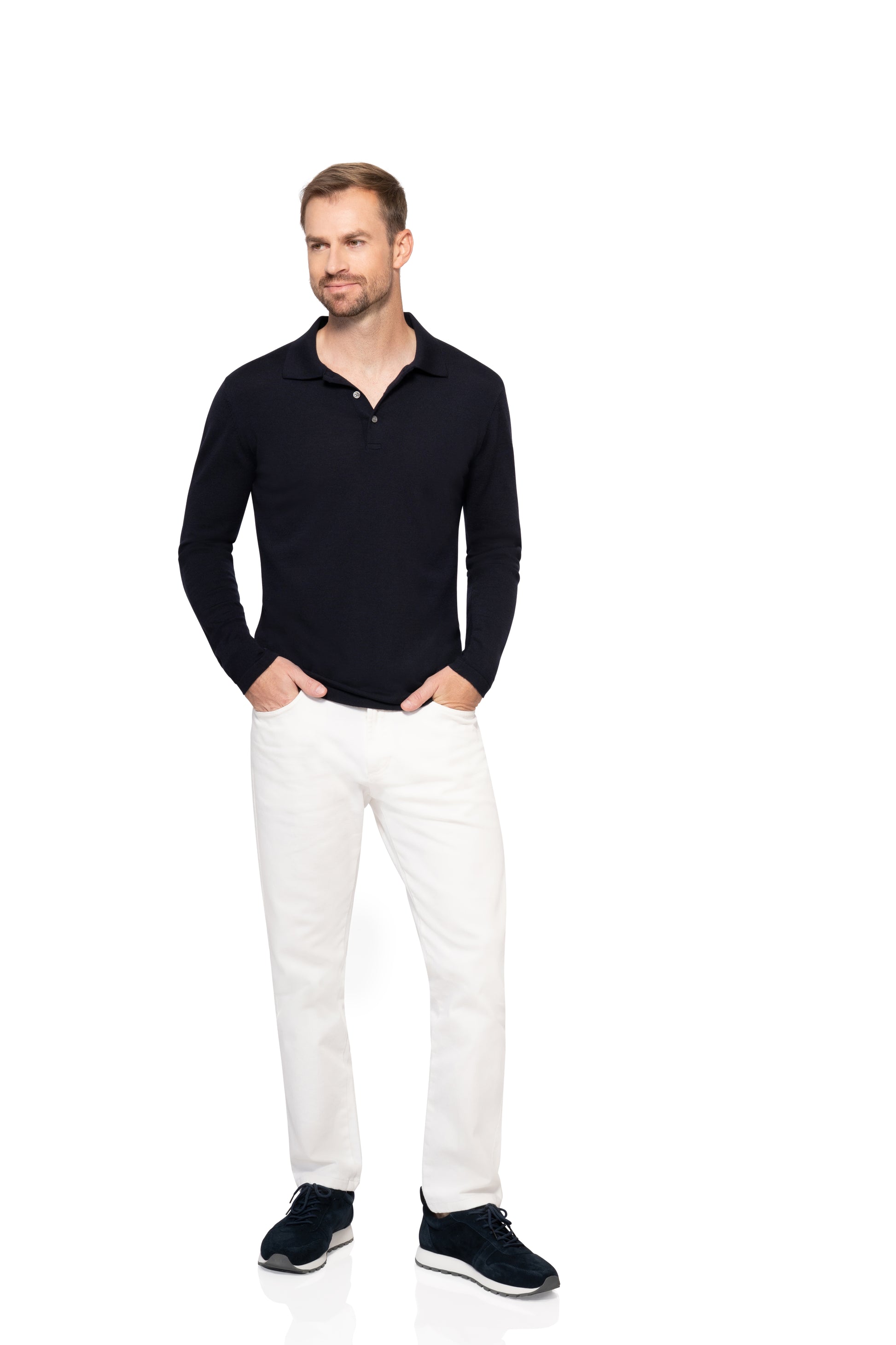 Navy Long Sleeve Polo Button Wool Cotton