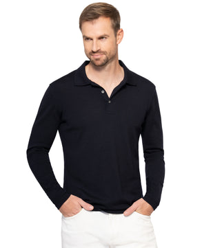 Navy Long Sleeve Polo Button Wool Cotton