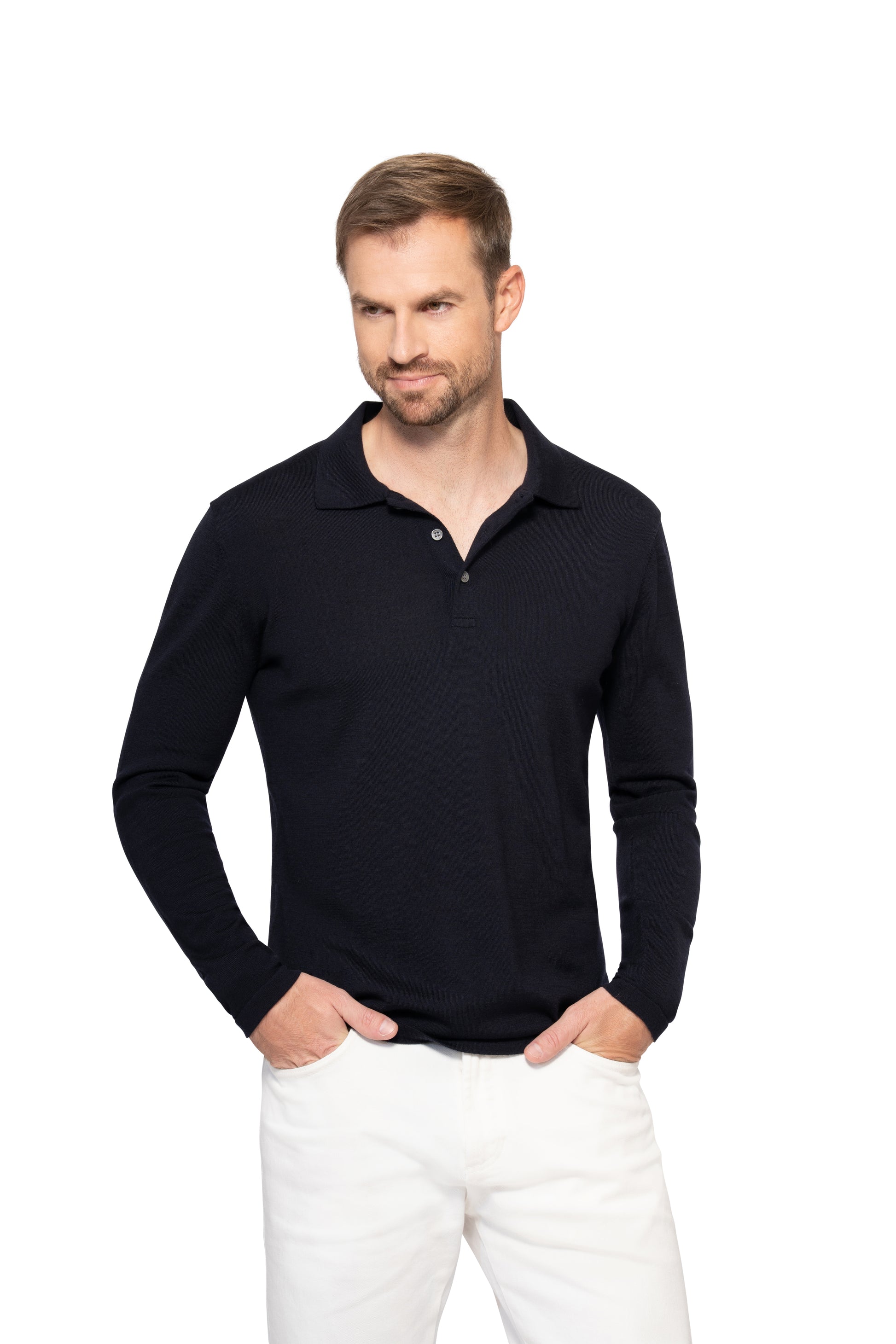 Navy Long Sleeve Polo Button Wool Cotton